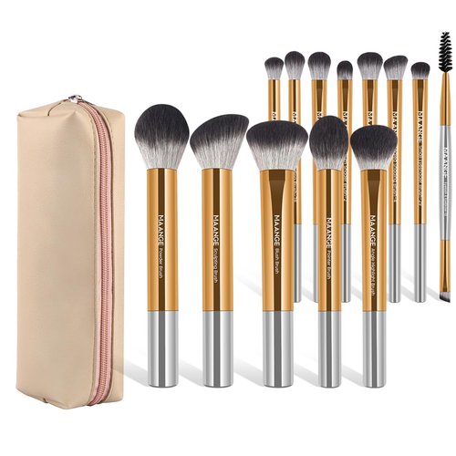 MAANGE 13 PCS Makeup Brushes Travel Make Up Brushes Premium Synthetic Powder Concealers Brushes Professional Makeup Brush Set with Case (Gold Silver)