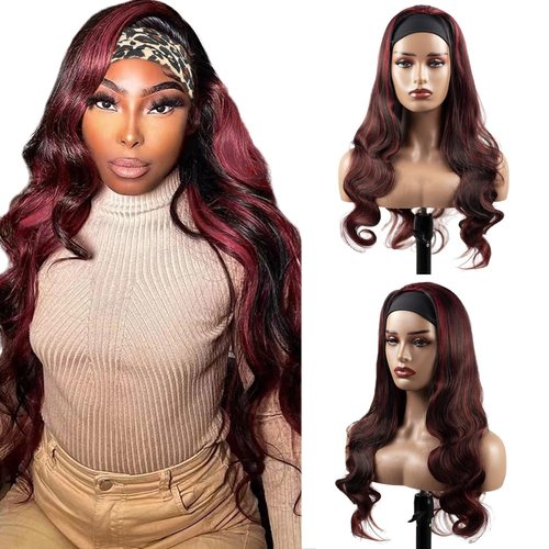YiweYowe 22 Inch P1B99J Highlight Headband Wig Human Hair 150% Density Grade 8A Unprocessed Brazilian Virgin Hairs Machine Made Burgundy Body Wave Headband Wig Human Hair For Woman
