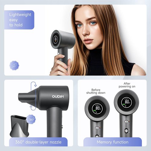 Hair Dryer with Digital Display, High Speed11000RPM, 4 Level Temperature/Speed Settings, Double air Filter, Low Noise, Lightweight, Portable for Travel