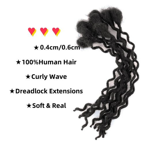 10 inch 10 Strands Curly Wave Loc Extensions Human Hair, 0.4cm Width Real Human Hair Dreadlocks Extensions for Man/Women Full Handmade Dreads Can be Dyed
