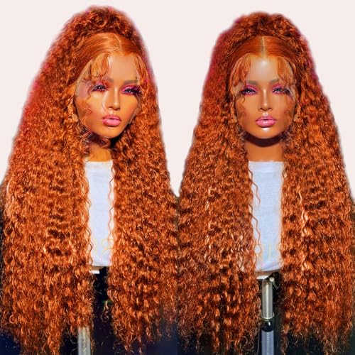 DJFG Deep Wave Lace Front Wigs Human Hair Curly Wig Human Hair HD Frontal 200 Density 13x6 Lace Ginger Wig Human Hair Orange 30 Inch
