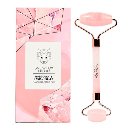 Snow Fox Skin Care Hand-Carved Rose Quartz Facial Roller – Authentic Crystal Face Roller with Dual Ends, Noiseless Design & Real Quartz Handle – Cooling, De-Puffing, Relaxing Self-Care Tool