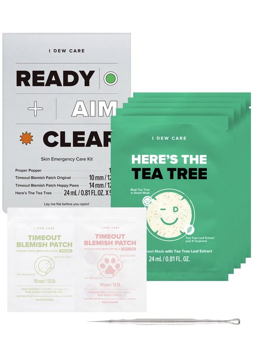 I DEW CARE Blemish Skincare Set - Ready Aim Clear | Face Mask & Acne Patch & Pimple Popper Tool, with Tea Tree Oil, Soothing & Hydrating, Treatment, Oily & Sensitive Skin