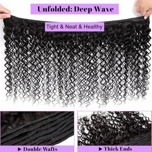 20 22 24 Inch Deep Wave Human Hair Bundles 100% Unprocessed Brazilian Virgin Hair, 3 Bundles, Deep Curly, Black,Sew-In Installation, Wavy Style Keep Texture Silky Soft