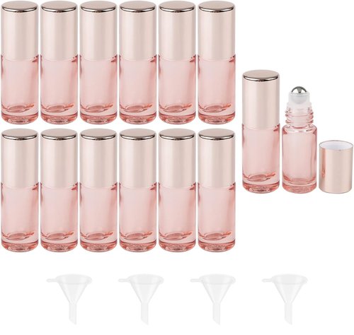 Kesell 14 Pack 5ml Roller Bottles Clear Pink Empty Refillable Glass Sample Vial with Stainless Steel Balls for Essential Oil Perfume Aromatherapy
