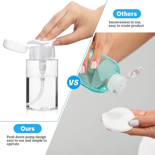 Zhehao 24 Pcs Push Down Pump Dispenser Nail Polish Remover Pump Lockable Empty Bottle Refillable Clear Cosmetic Container with Label for Liquid Acetone Nail Polish and Makeup Remover, 6.8 oz/ 200 ml