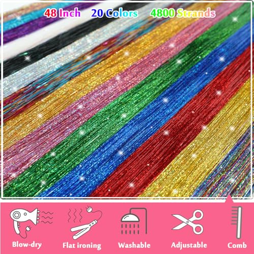 Hair Tinsel Kit 20 Colors 4800 Strands Fairy Hair Tinsel Heat Resistant 48 Inches Glitter Tinsel Hair Extensions Highlights Sparkling Hair Tinsel Kit for Girls Hair Accessories Party Festival
