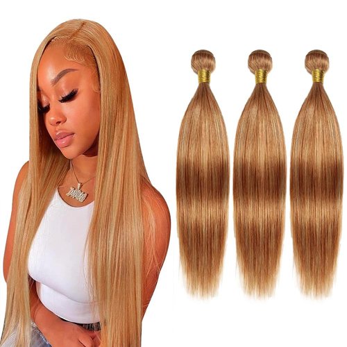 Light Brown Bundles Highlight Straight Bundles Human Hair P27/30 Highlight Honey Blonde Human Hair Bundles Silky Soft Remy Hair Highlight Honey Blonde Bundles Hair Weave 14 16 18 inch
