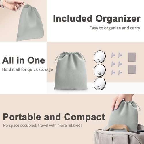 Magnifying Mirror, 10X & 20X & 30X Set, Magnified Mirrors 3.5" with Two Suction Cups, Travel Magnifying Mirror Set Comes with Portable Storage Bag, Compact Small Magnified Mirrors for Travel(Black)