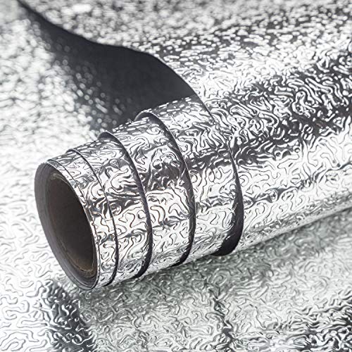 16"x354" Silver Contact Paper Metallic Look kitchen Backsplash Peel and Stick Wallpaper Oil Proof Waterproof Aluminum Foil Wall Sticker Adhesive Paper for Cabinets Shelf Liner Removable Heat Resistant