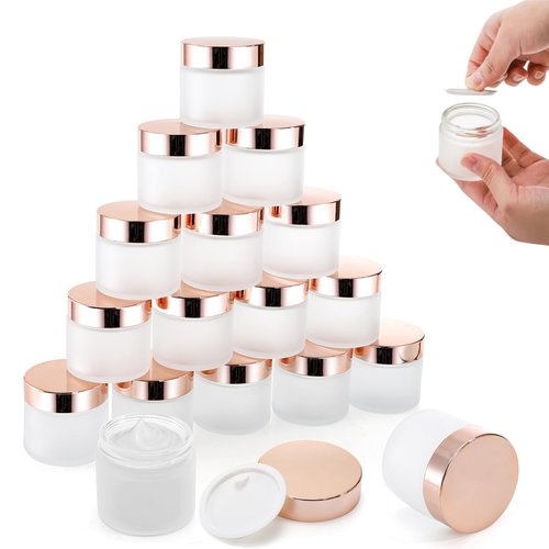 YIMITEE 16 Pack 2 OZ Frosted Glass Jars, Empty Sample Cream Jar with Screw Lids & Inner Liners, Reusable Cosmetic Container for Body Scrubs, Lotion, Powder, Ointment, Makeup, Moisturiser, DIY Crafts
