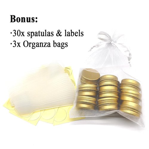 Wopanxye 30 pack 5ml Lip Balm Tin Cans, 5g Mini Aluminum Makeup Sample Containers with Screw Lid, Empty Metal Tins Pot Storage Travel Jars for Cosmetic Cream Candle Tea, 5 Gram Small Tins, Gold Color