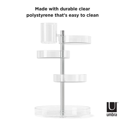 Umbra Pirouette Cosmetic Organizer, Large Capacity Makeup Storage with Adjustable Compartments, Clear/Nickel