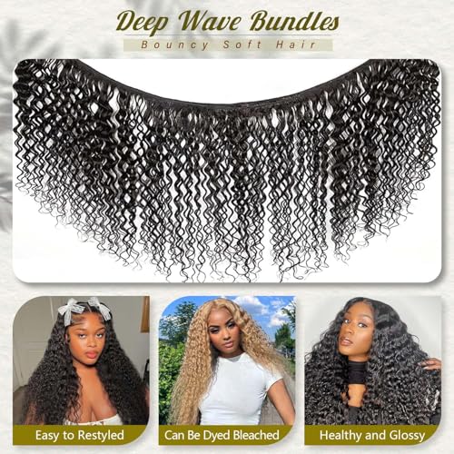 Deep Wave Bundles Human Hair 3 Pcs 12A 24 26 28 Inche Brazilian Deep Wave Cury Bundles Human Hair 100% Unprocessed Brazilian Virgin Hair Wet and Wavy Natural Black Women Hair Extensions
