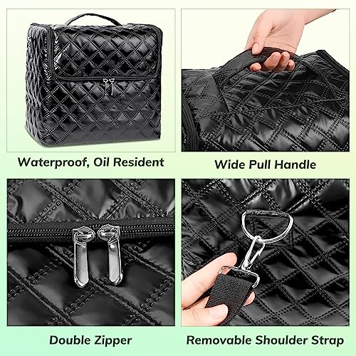 Deciniee Travel Makeup Bag, 4 Trays Large Cosmetic Bag for Woman with Adjustable Dividers, Organizer Bag Waterproof, Travel Essentials Cosmetic Bag, Train Case for Nail Tech Black
