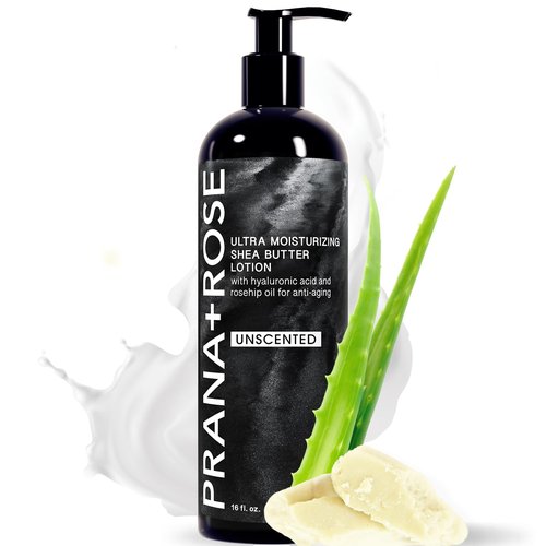PRANA+ROSE MADE IN THE USA Ultra Moisturizing Shea Butter Lotion with Hyaluronic Acid and Rosehip Oil for anti-aging ORGANIC VEGAN body and hand lotion 16oz (Unscented)