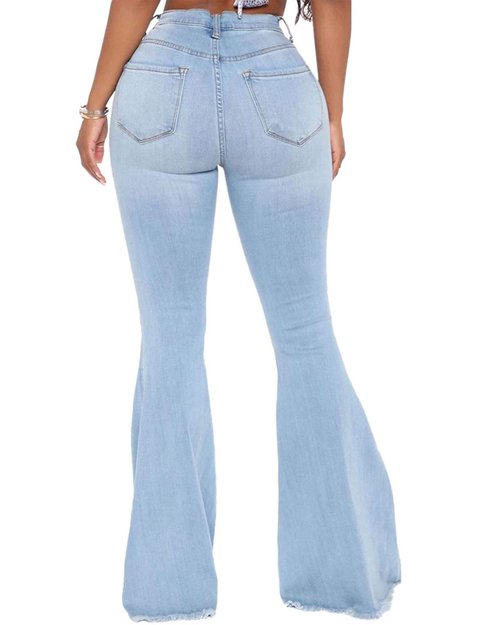 Women Destoryed Flare Jeans Elastic Waist Ripped Bell Bottom Raw Hem Stretch Denim Pants (Light Blue, Small)