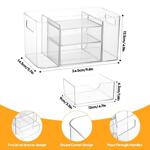 Imakmasion Acrylic Makeup Organizer for Countertop – 2 Drawers & 3 Compartments, Clear Storage Bin. Multi-use for Skincare, Cosmetics, Jewelry & Small Accessories, fits Vanity, Bathroom, Office, Craft
