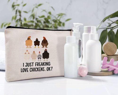 Dwept I Just Freaking Love Chickens OK Makeup Cosmetic Bag，Funny Chicken Hen Linen Makeup Travel Toiletry Bag, Farmhouse Rustic Chicken Cosmetic Bag Gifts For Farm Girls Women,Chicken Lovers Gifts