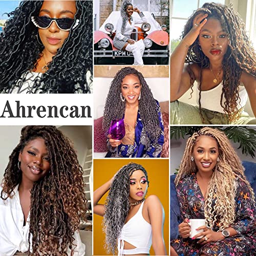 Ombre Grey Crochet Hair For Women Human Hair,18 Inch 7 Packs Boho Goddess Locs Crochet Hair,Pre Looped Goddess Faux Locs With Curly Ends,Hippie Locs Crochet Hair Braid(18in,7packs,T1B/Gray#)