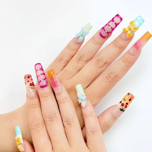 Handmade Press on Nails Long Square Thick Acrylic Nails Tropical Flower Fake Nails with Glue,False Nails with 3D Cherry Designs French Tip Reusable Nature Stick on Nail for Wome (Size M)