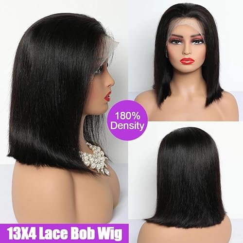 Bob Wig Human Hair 180% Density 13x4 HD Transparent Lace Front Wigs Human Hair Pre Plucked Short Bob Glueless Straight Wigs Human Hair for Women Natural Black 12 Inch