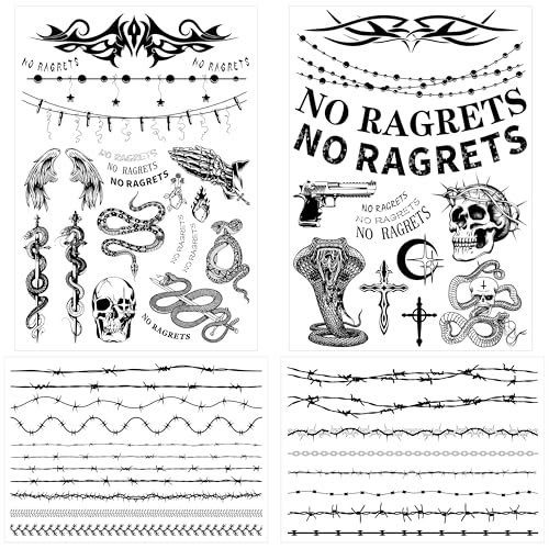 Temporary Fake Barbed Wire Tramp Stamp Realistic Tattoo Stickers for Adult Women Men,Neck Spine Wicked Tattoos for Halloween,Parties 4 sheets A (45+ styles)