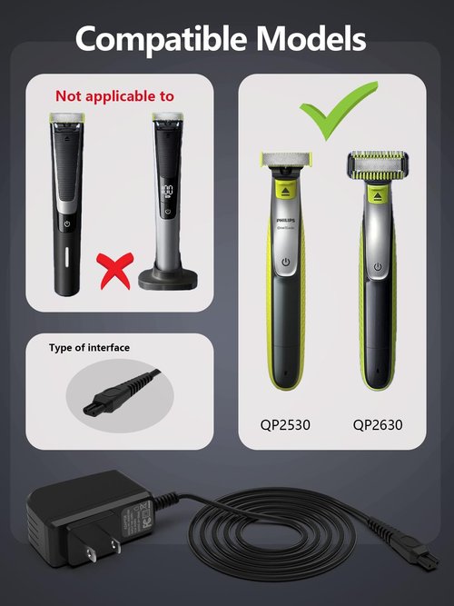 8V Charger Compatible with Philips HQ850 Power Cord Norelco One Blade Charger Compatible with Philips QP2630 QP2530 Oneblade Electric Razor Shaver Trimmer Cord Replacement 3.3FT