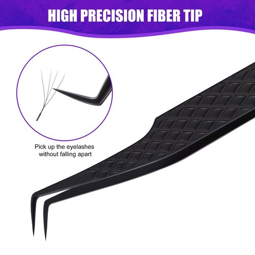 Fiber Tip Lash Tweezers for Eyelash Extension, High Precision Eyelash Tweezer Set with Diamond Grip, Lash Extension Tweezer Kit for Classic & Volume Lashes, Must-Have Tweezers for Lash Artists
