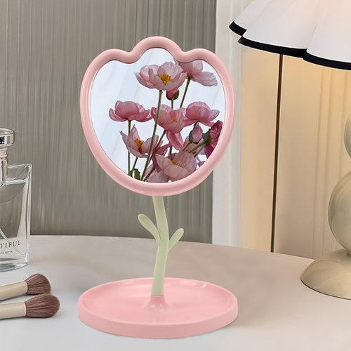 LIYAZHIL Flower Shaped Desk Mirror with Tray Adjustable Angle Tabletop Vanity Makeup Mirror for Home Decoration
