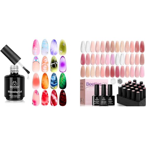 Beetles Jelly Gel Nail Polish Set 20 Colors Neutral Sheer Nude Pink Glitter White Color Soak Off UV Gel Kit with Nail Blooming Gel 15ml Clear Uv Led Blossom Gel Polish for Spreading Effect