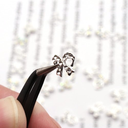 JERCLITY 30 Pieces Silver Bow Nail Charms Alloy Bow Charms Gems for Nails Bowknot Nail Studs Inlaid Pearl Clear Iridescent Rhinestone for Women Girls Nail Art