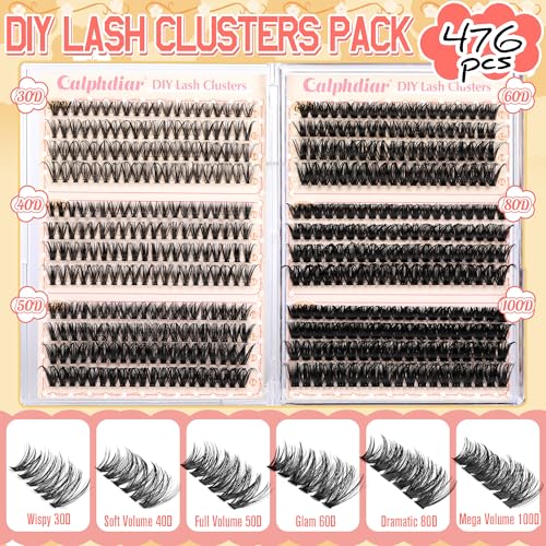 Calphdiar Eyelash Clusters 30D+40D+50D+60D+80D+100D Lash Clusters Wispy Individual Lashes 476PCS D-curly Lash Extension 10-16MM Natural Lashes Clusters DIY Cluster Eyelash Extensions for Beginners
