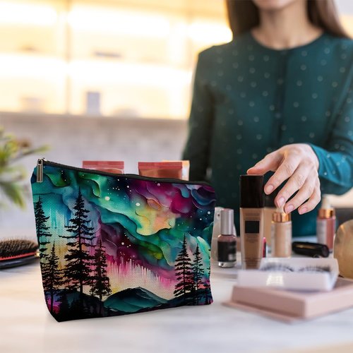 uinwk Northern Lights Makeup Bag for Women, Aesthetic Makeup Bag, Aurora Borealis Cosmetic Bags, Womens Makeup Bag, Canvas Makeup Bag, Large Makeup Pouch