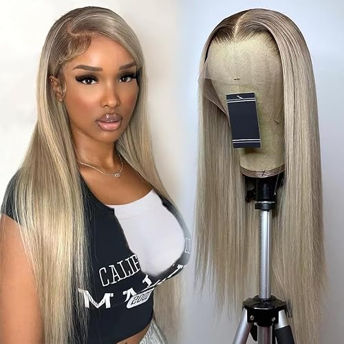 koinu Ash Blonde Wig Human Hair 13x4 Transparent Lace Front Wigs Human Hair 200% Density Ash Blonde Straight Lace Front Wigs for Women Ombre Blonde Colored HD Lace Frontal Wig Pre Plucked 26 Inch