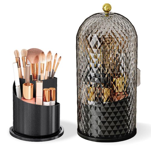 JIANGLAI Makeup Brush Holder with Lid, 360 Rotating Multifunction Clear Dustproof Skincare Cosmetic Tools Storage Organizer for Vanity Desktop Bathroom Countertop (Black)