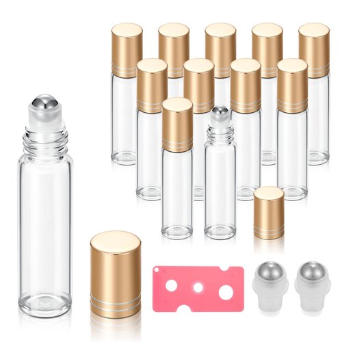 12 Pack 10ml Empty Roller Bottles for Essential Oils, Clear Glass Roller Bottles with Stainless Steel Roller Balls, Empty Refillable Leak Proof Roll on Bottles with Gold Caps (12 Pack Gold Caps)