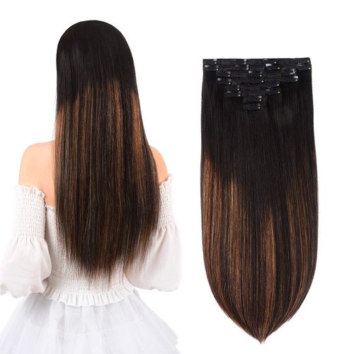 14" Remy Clip in Hair Extensions Human Hair Natural Black to Chestnut Brown Highlight Black for Beauty - Short Silky Straight 8pcs Real Hair Extensions Clip In Human Hair(14 inch 100g #(1BT6) P1B)