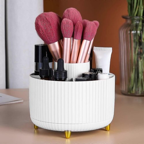 WILL OAK Makeup Brush Organizer - Large Compartment Cosmetic Organizer -Eyeliner, Nail Polish, Art Supply, Bathroom Vanity Desktop Organizer (White)