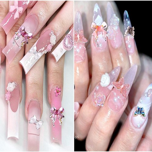 KACHIMOO 2 Boxes Mixed Nail Charms and Rhinestones 3D Butterfly Flower Bow Heart Bear Nail Art Charms Flatback Pearl Nail Gems Nail Chains for Nail Art Design