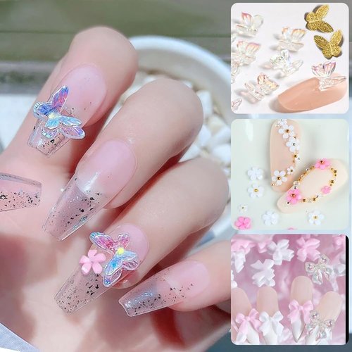 Spring Nail Art, 7Boxes Holographic Flower Nail Charms 3D Pink White Flower Bow Gold Butterfly Nail Art Design Manicure DIY Decoration for Acrylic Nails
