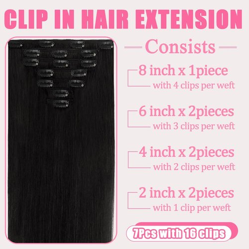 Clip in Hair Extensions Real Human Hair, 7Pcs 16 Inch Double Weft Seamless Invisible Human Hair Clip in Extensions, 85g Natural Black Straight Human Hair Extensions 100% Brazilian Remy Human Hair