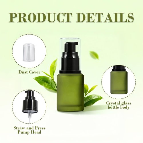 VASANA 1PCS 30ml/1oz Empty Refill Frosted Green Glass Cream Lotion Pump Bottle Cosmetic Makeup Emulsion Toiletries Liquid Storage Holder Travel Packing Container With Clear Dust Cap (30ml Green)