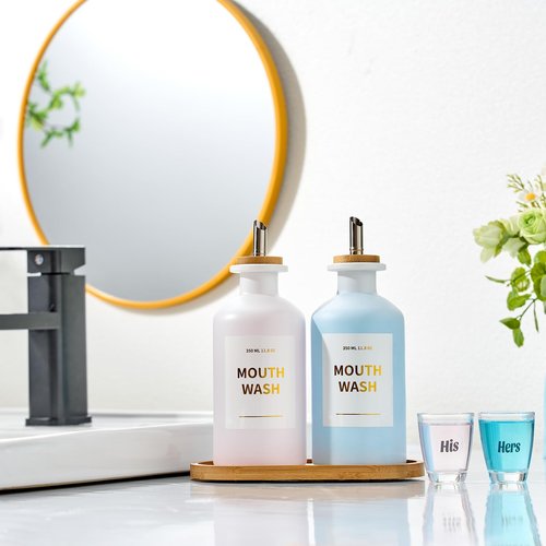 MUVEKA Glass Mouthwash Dispenser for Bathroom, 11.8oz Mouthwash Holder with Stianless Steel Spouts, Mouthwash Decanter with Bamboo Holder, Refillable Cups, Reusable Funnel, Golden Stickers