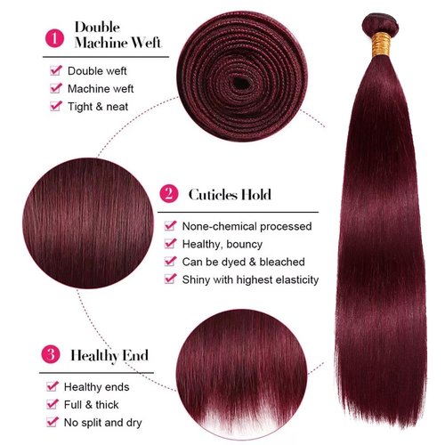 99J Bundle Wine Red Straight Human Hair Bundles Double Weft Wine Red Bundles For Black Women 99J Burgundy Straight 1 Bundle 18 Inch Burgundy Hair Weave
