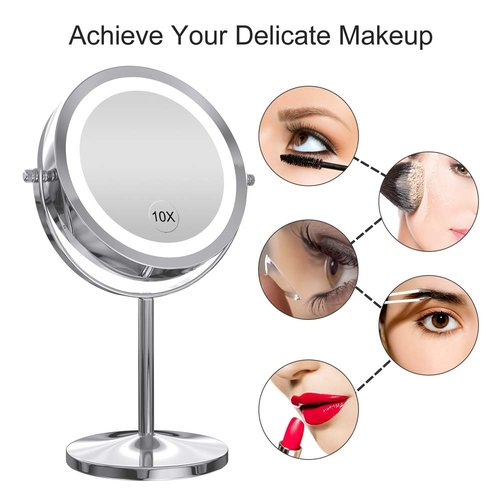 Gospire LED Makeup Mirror 1x/10x Magnifying with Touch Screen Adjustable LED Light, 7" Lighted Vanity Swivel Mirror Double Sided Cosmetic Mirror (Silver-Dimmable Switch)