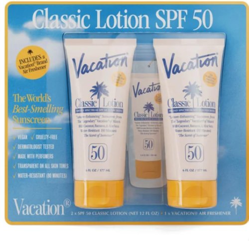Vacation Classic Lotion Broad Spectrum SPF 50, Dermatologist Tested, Light Weight, Transparent on all skin tones, Pack of 2 each contain 6 FL OZ Plus Vacation Brand Air Freshener