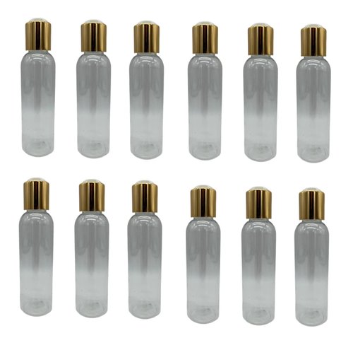 Natural Farms 4 oz Clear Cosmo Plastic Bottles -12 Pack Empty Bottle Refillable - BPA Free - Essential Oils - Aromatherapy | Gold Disc Caps - Made in the USA