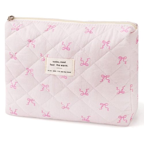 MZLUWM Large Travel Quilted Makeup Bag，Cute Bow Cotton cosmetic bag, Fashionable aesthetic makeup bag,Coquette Aesthetic Floral Travel Toiletry Bag for Women