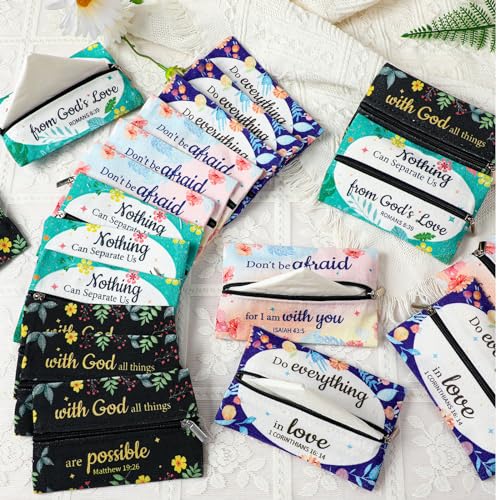 Zhanmai 20 Pcs Pocket Tissue Holder Bible Travel Purse Tissue Holder with Christian Inspirational Verse Floral Travel Pouch Reusable for Women Men Employee Appreciation Church Gifts Bulk 5 x 3 Inch